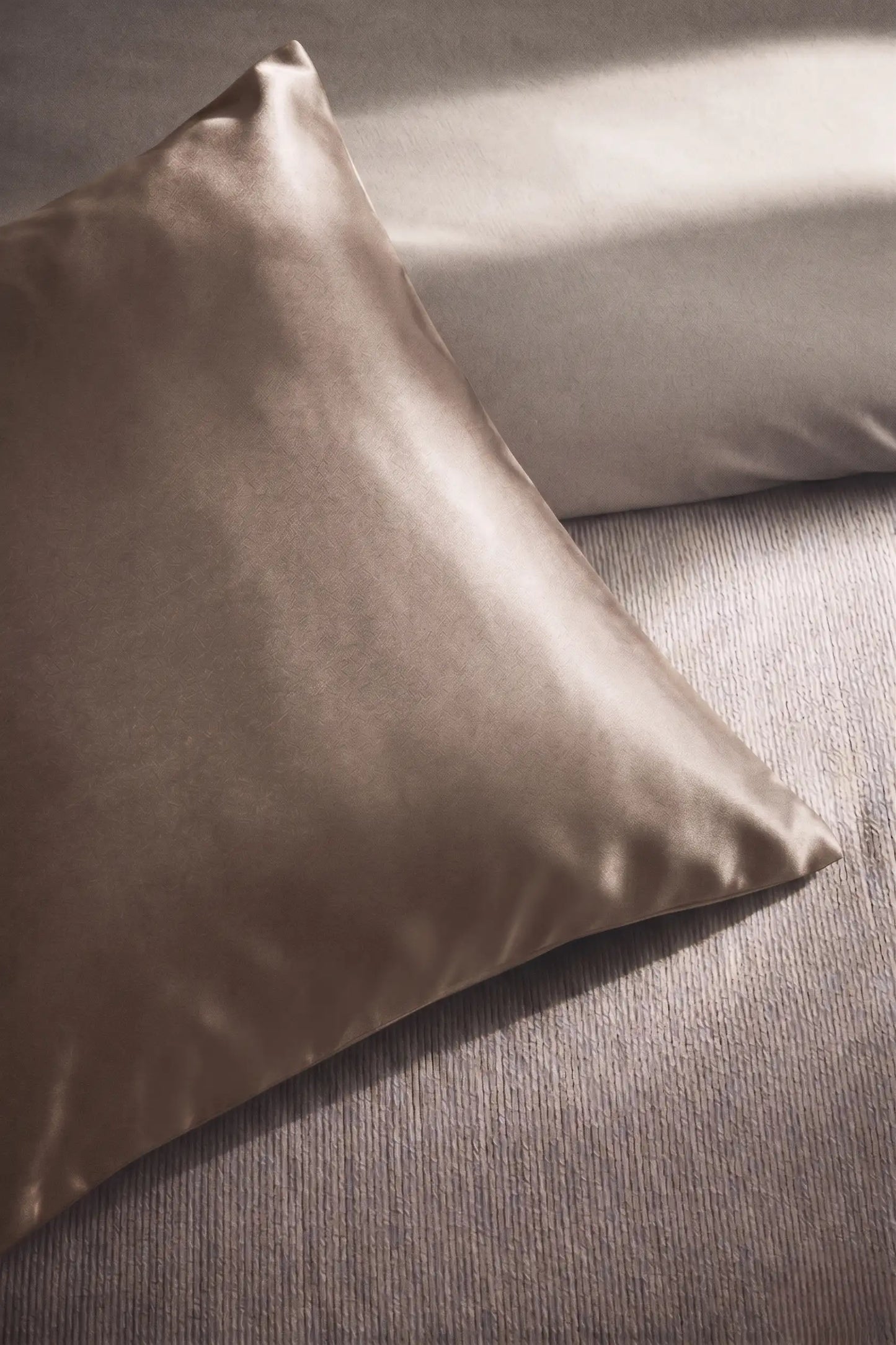Taie d'oreiller en soie 19 mommes beige sur coussin et fond beige pâle.