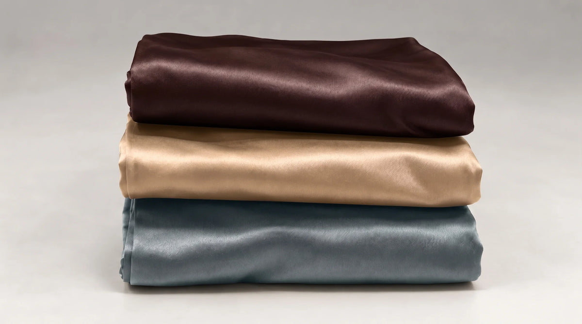Trois taies d'oreiller en soie pliées et empilées, marron, champagne et vert pâle.