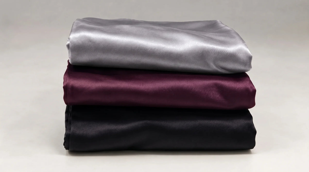 Trois taies d'oreiller en soie pliées et empilées, argenté, violet et noir.