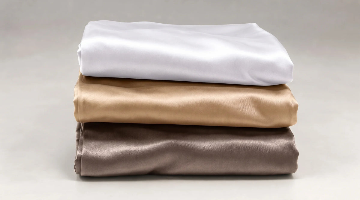 Trois taies d'oreiller en soie pliées et empilées, blanc, champagne et beige.