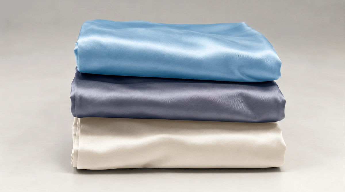 Trois taies d'oreiller en soie pliées et empilées, bleu ciel, gris bleu et ivoire.