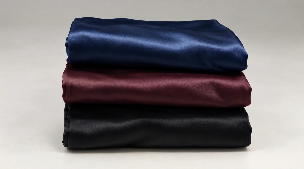Trois taies d'oreiller en soie pliées et empilées, bleu marine, rouge et noir.
