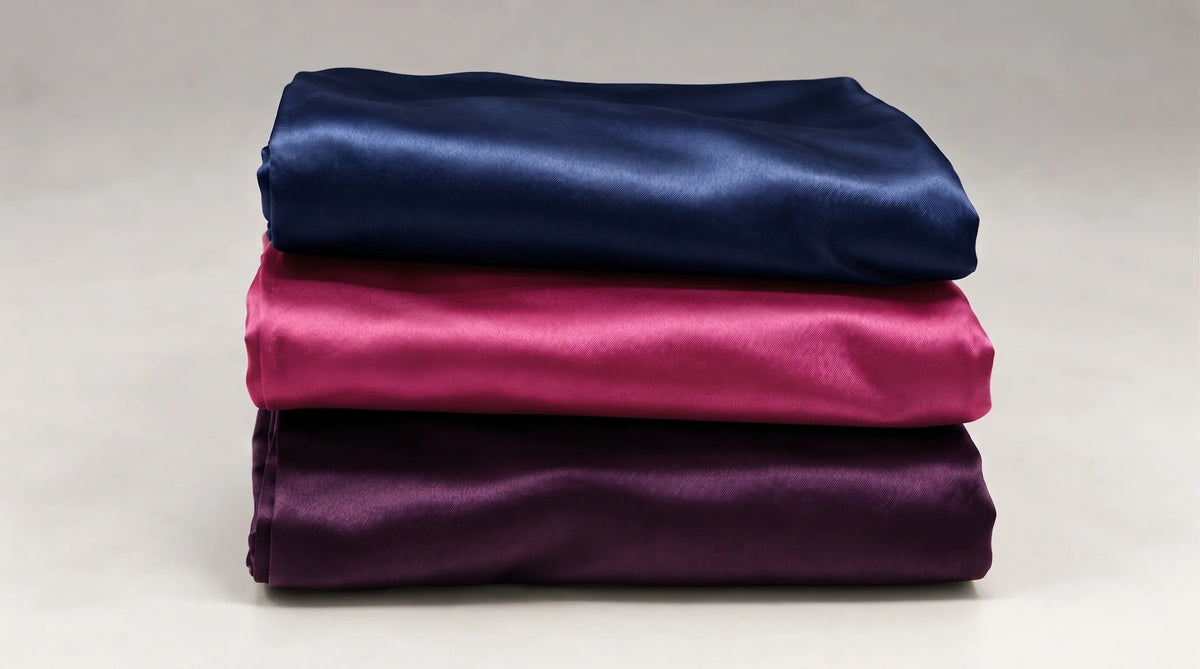 Trois taies d'oreiller en soie pliées et empilées, bleu marine, fuchsia et violet.