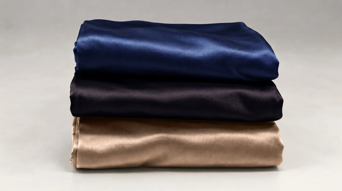Trois taies d'oreiller en soie pliées et empilées, bleu marine, noir et café, pour dormir sans frottement.
