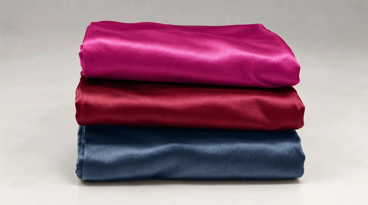 Trois taies d'oreiller en soie pliées et empilées, fuchsia, rouge et bleu paon.