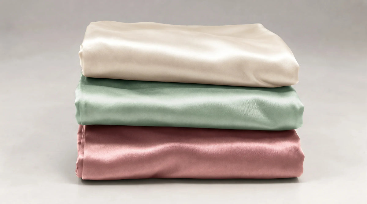 Trois taies d'oreiller en soie pliées et empilées, ivoire, vert pâle et rose.