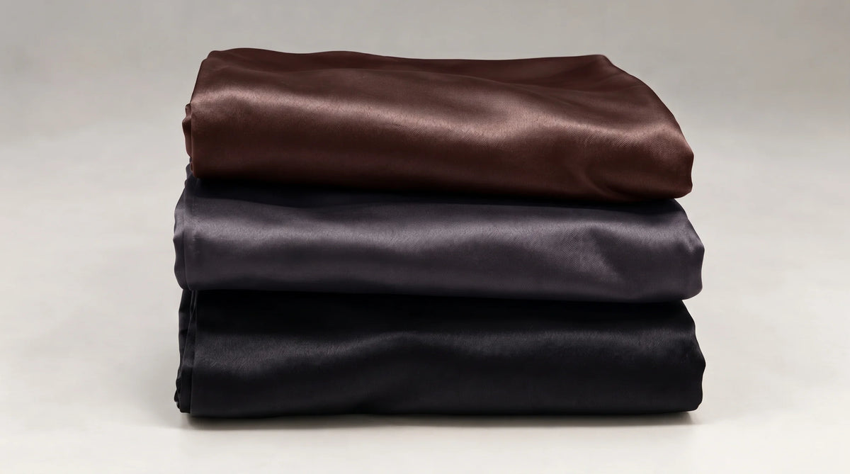 Trois taies d'oreiller en soie pliées et empilées, marron, gris foncé et noir.