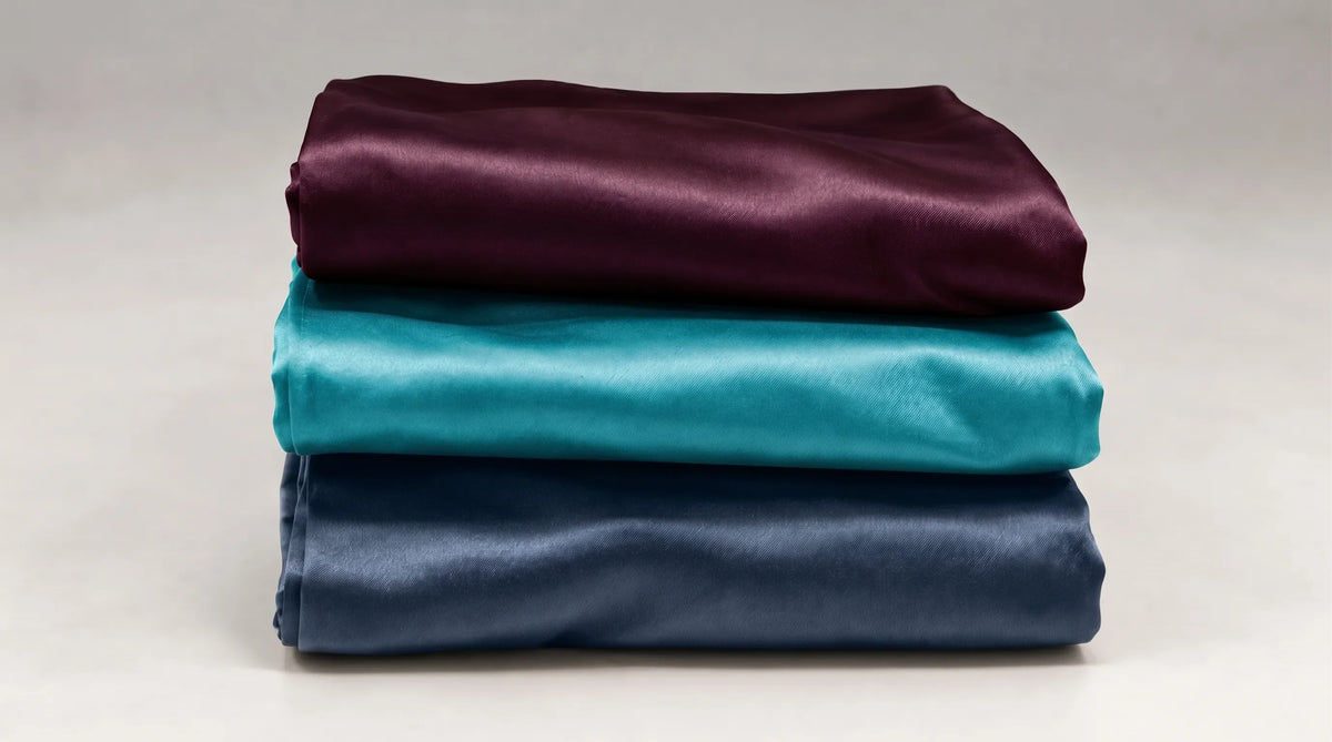 Trois taies d'oreiller en soie pliées et empilées, rouge, turquoise et bleu paon.