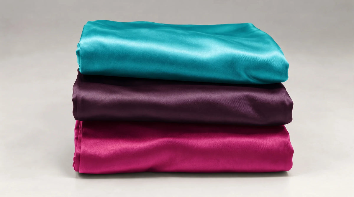 Trois taies d'oreiller en soie pliées et empilées, turquoise, violet et fuchsia.