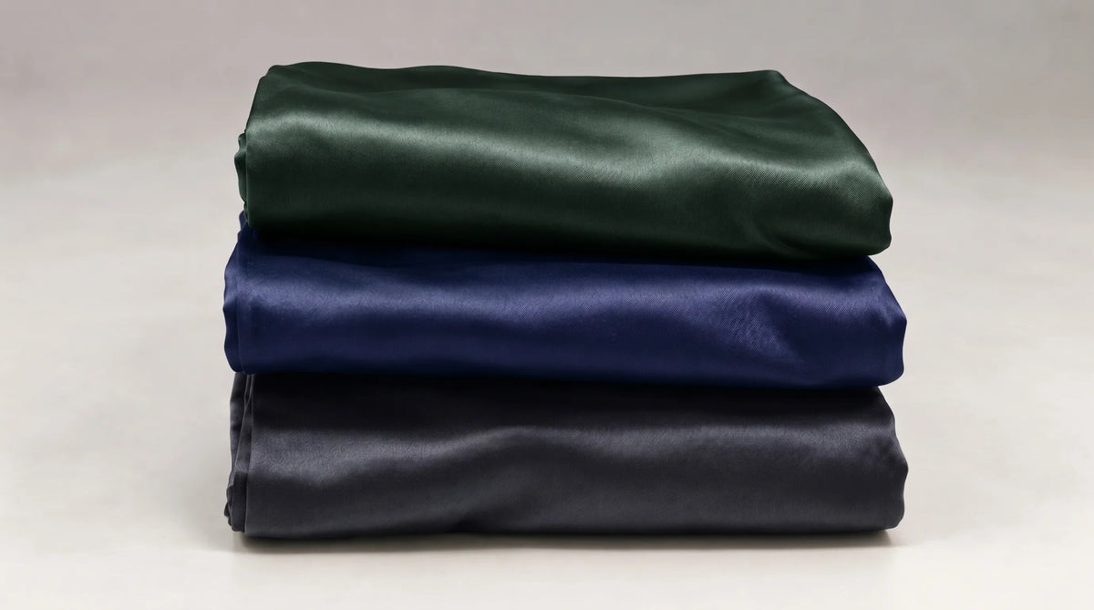 Trois taies d'oreiller en soie pliées et empilées, vert émeraude, bleu marine et gris foncé.