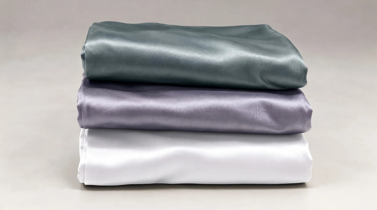 Trois taies d'oreiller en soie pliées et empilées, vert pâle, gris bleu et blanc.