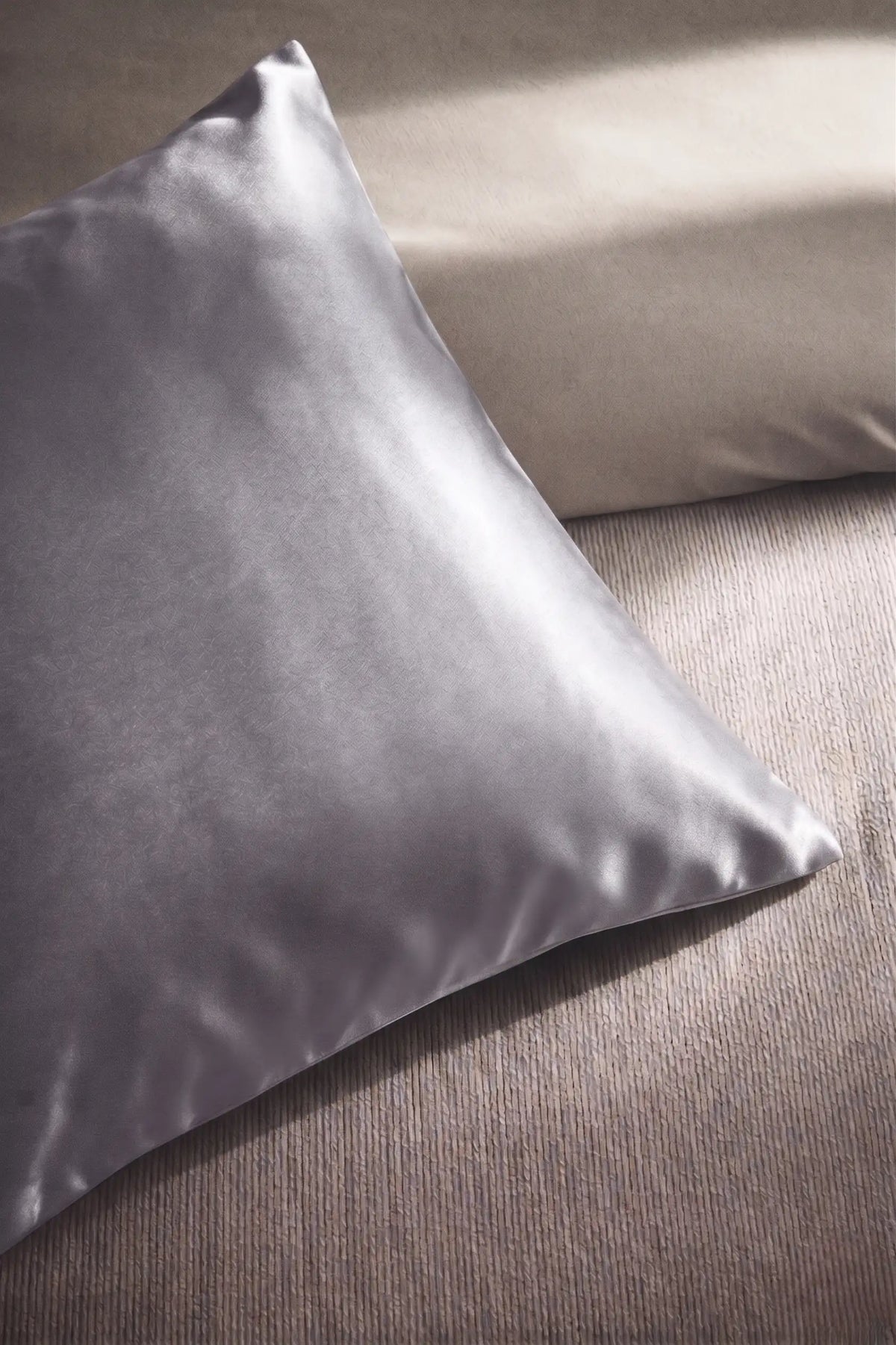 Taie d'oreiller en soie 19 mommes argentée sur coussin et fond beige pâle.