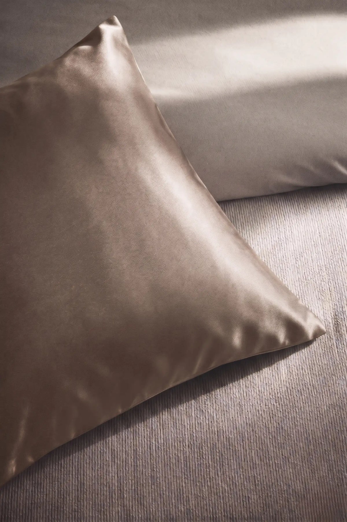 Taie d'oreiller en soie 19 mommes beige sur coussin et fond beige pâle.