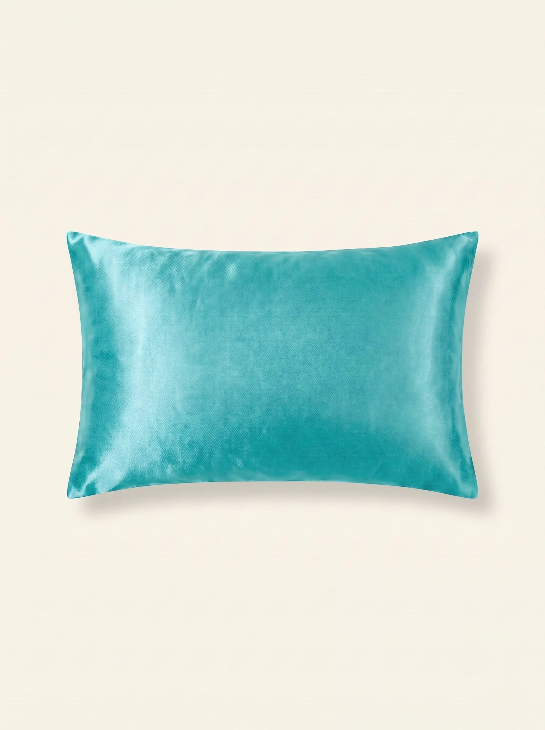 Taie d'oreiller en soie 25 mommes turquoise sur fond ivoire.